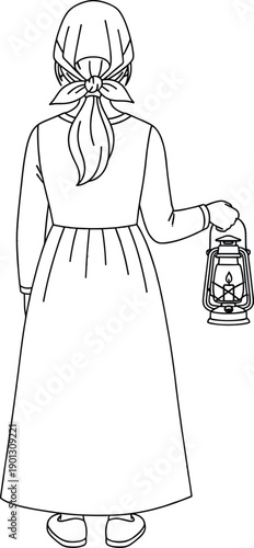 Black and White Line Art Illustration of a Woman in Modest Dress and Headscarf Seen from Behind Holding a Traditional Lantern for Vintage Character Design