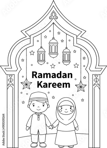 Black and White Line Art Illustration of Muslim Boy and Girl Characters in an Archway with Hanging Lanterns and Stars for Ramadan Kareem Holiday Coloring Page