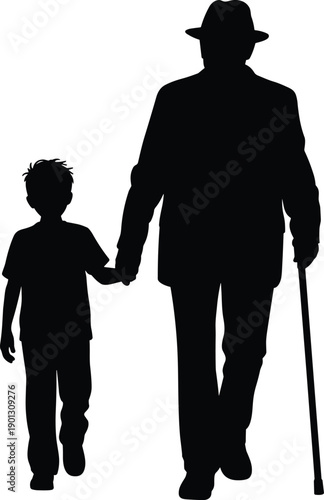 Silhouette of elderly person with cane holding child’s hand, symbolizing family bond, intergenerational care, and companionship on white background