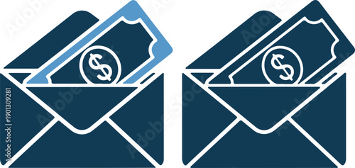 Two envelopes with dollar bill in blue