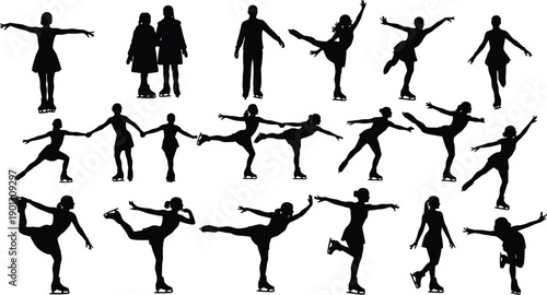 Figure skating silhouette set, ice skaters performing jumps and spins, winter sport poses, artistic skating motion, athlete illustration collection