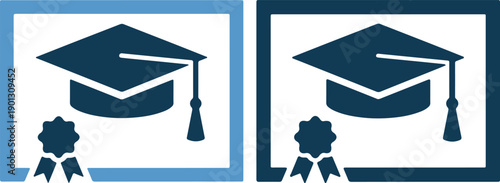 Graduation caps and diplomas in blue shades