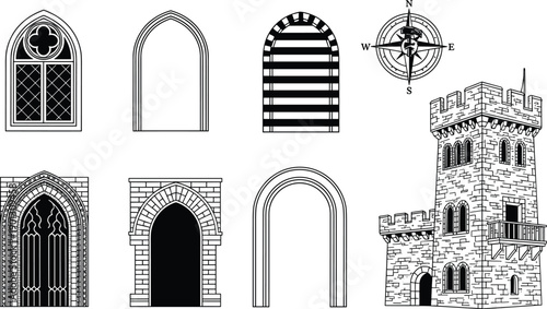 Medieval architecture elements illustration set, gothic arched windows, stone castle tower, historical design details, vintage line art collection