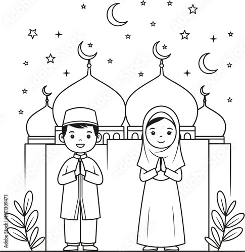 Black and White Line Art Illustration of Muslim Boy and Girl Characters Praying in Front of a Mosque for Ramadan Kareem and Islamic Holiday Coloring Page