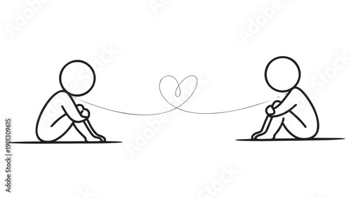 Two simple stick figures sitting apart with a heart-shaped string connecting them, representing connection and love despite distance.