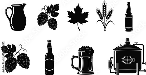 Beer brewing silhouettes set with hops, barley, bottles, mug and brewery equipment, craft beer illustration isolated on white