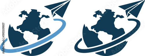 Vector illustration of two globes with paper airplanes in flight