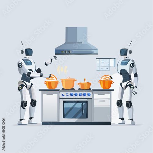 Two Advanced Robots Collaborating in a Modern Kitchen, Demonstrating Automated Culinary Skills and Future Household Technology