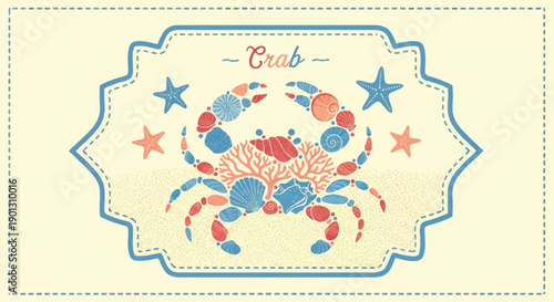 Vintage Nautical Crab Illustration Composed of Sea Shells and Coral in Retro Frame