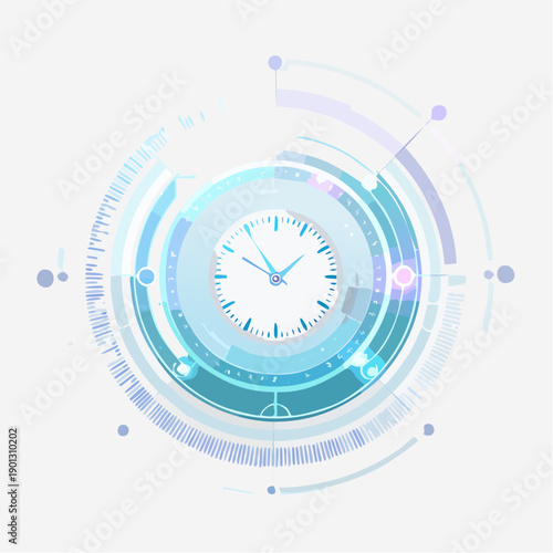 Futuristic digital clock interface with glowing blue circular HUD elements