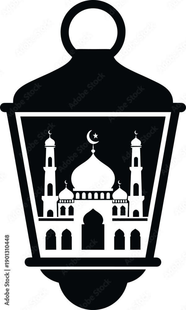 Obraz premium Black Silhouette Icon of a Traditional Ramadan Lantern featuring an Interior Mosque Mosque Design with Crescent Moon and Minarets for Islamic Holiday Branding