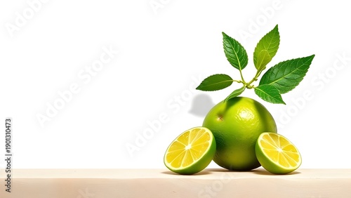 Fresh green lime with leaves on a wooden surface