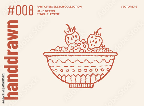 Oat bowl. Oatmeal granola doodle brunch. Italian cereal porridge bowl. Mediterranean oatmeal food, hand drawn sketch line vector. Oat granola with strawberry drawing. Corn flakes brunch illustration