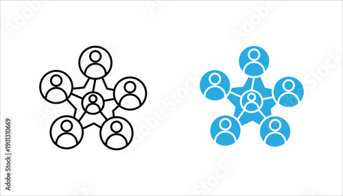 Minimal line icon set illustrating a connected team network. Represents collaboration, teamwork, communication, organization structure, and professional relationships.