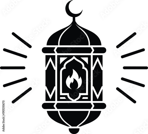 Black Silhouette Icon of a Traditional Ramadan Lantern with a Glowing Flame and Crescent Moon Finial for Islamic Religious Holiday Celebration and Branding