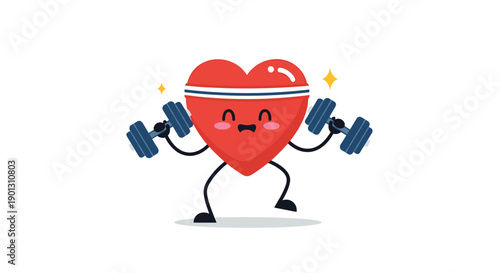 Healthy heart character wearing a headband and lifting dumbbells for cardiovascular fitness and exercise concept.