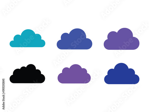 Set of six stylized clouds in various colors including blue, purple, and black. Modern vector icons for weather, technology, and concepts.