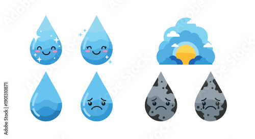 Contrast of cute water drop characters representing clean sparkling water and sad polluted grey water drops with sun.