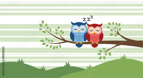 Cute blue and red owls sleeping together on a tree branch with green leaves against a striped green background.
