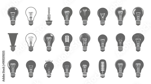 Set of various light bulb icons. Collection of different electric lamp shapes. Creative idea, innovation, and energy concept.