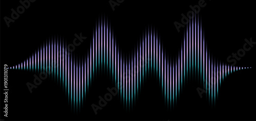 Abstract glowing sound wave vector background with neon equalizer bars, digital audio visualization for voice assistant interface, music technology, energy pulse and futuristic UI design