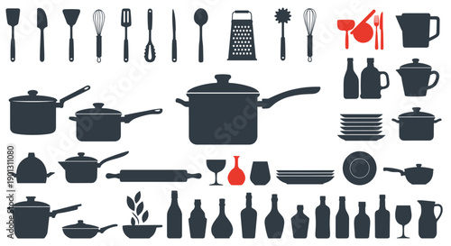Large set of kitchen utensil silhouettes and various bottle shapes in dark grey and red for culinary menu designs.