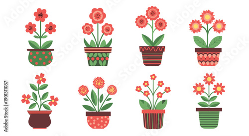 Artistic set of potted flowers with highly decorative and patterned pots for home interior and gardening concepts.