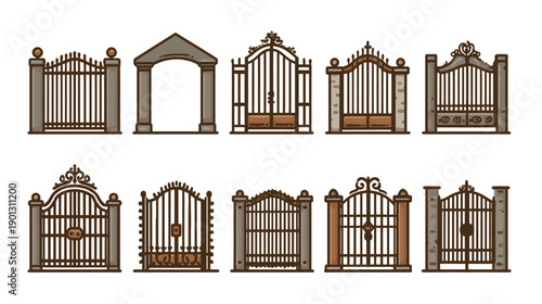 Ornate Iron Gates and Classic Archways Vector Collection. Decorative Entrance and Fence Designs Set for Architectural Elements.