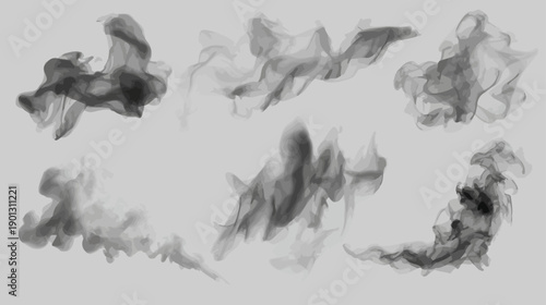 Collection of various realistic dark grey smoke, mist, and fog elements for overlay effects and abstract backgrounds