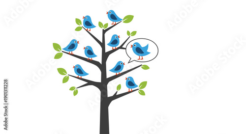 Group of blue birds perched on a stylized tree with green leaves and one bird in a speech bubble communicating with others.