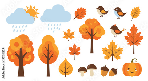 Comprehensive collection of autumn themed illustrations featuring colorful falling leaves trees mushrooms pumpkins acorns and rain clouds.