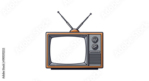 Vintage television set with antennae dials and wood grain finish isolated on a clean white background in a simple flat style.