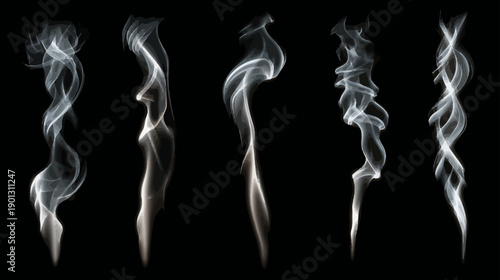 Abstract White Smoke Swirls Collection on Black Background, Ethereal Vapor Motion, Dynamic Graphic Design Elements Set