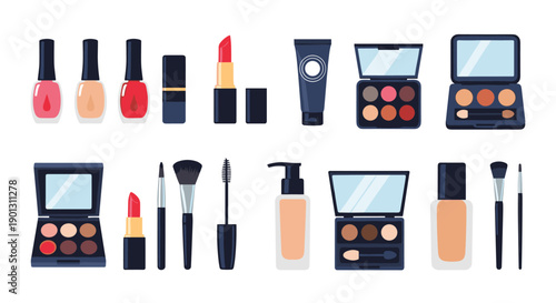Various cosmetic products and tools including nail polish lipstick eyeshadow palettes brushes and foundation bottles for beauty and fashion themes.