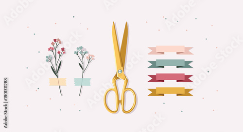 Golden sewing scissors alongside dried flowers with tape and colorful decorative ribbons against a soft pink background with confetti.
