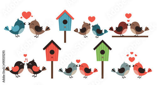 Series of cute bird couples in love perched near birdhouses and singing with heart symbols for romantic greeting card designs.