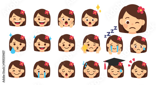 Large set of little girl head icons showing many different facial expressions including laughter crying surprise and exhaustion.