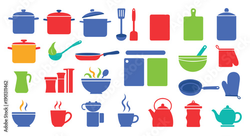 Large set of colorful kitchenware silhouettes including pots pans bowls kettles and cooking utensils for culinary design.