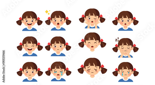Collection of cute little schoolgirl head icons with pigtails showing a wide range of facial expressions and emotions.