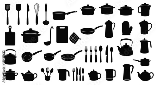 Large set of black kitchen utensil and cookware silhouettes including pots pans kettles and cutlery for culinary icons.