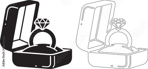 Black and white illustration of diamond ring in open jewelry box