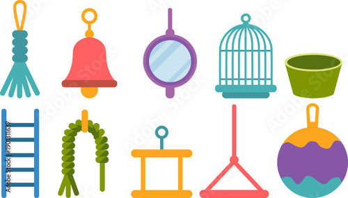 Colorful flat vector set of bird cage toys and accessories including bell, mirror, ladder, rope perch, swing and hanging ball. Isolated icons for pet shop and aviary design.