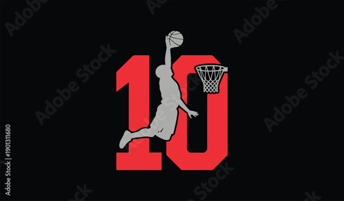 Dynamic silhouette of an athlete dunking a basketball into a hoop with bold red number 10 on a sleek black background