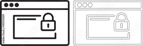 Black and white line icons of web browser windows with padlocks on screen