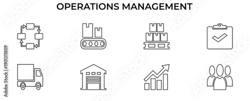 Operations Management and Logistics Line Icon Set. Supply Chain, Warehouse, Delivery Truck, and Business Process Vector Symbols.