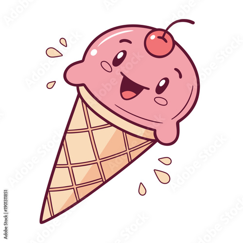 Cartoon vector illustration of happy pink cherry ice cream in a waffle cone