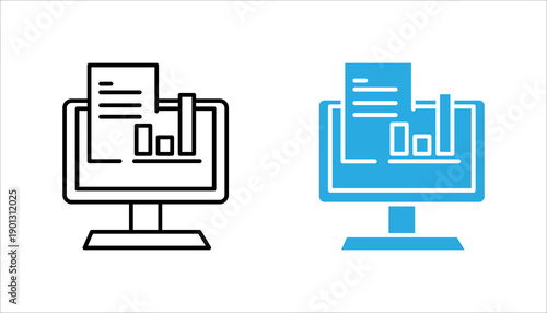 Minimal line icon of a computer screen displaying business reports and charts. Represents analytics, reporting, data analysis, performance monitoring, and corporate dashboards for digital and print de