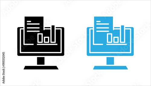 Minimal line icon of a computer screen displaying business reports and charts. Represents analytics, reporting, data analysis, performance monitoring, and corporate dashboards for digital and print de