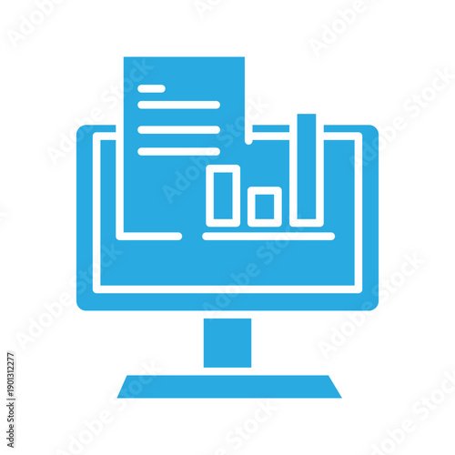 Minimal line icon of a computer screen displaying business reports and charts. Represents analytics, reporting, data analysis, performance monitoring, and corporate dashboards for digital and print de