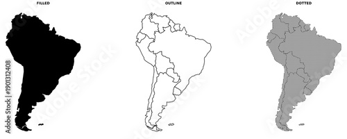 South America Map Vector Set With Filled, Outline and Dotted Styles